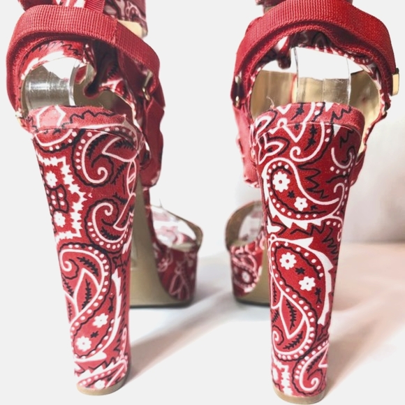 Mata Red Bandana 5.5" Chunky Heels With Velcro Straps - Picture 5 of 7